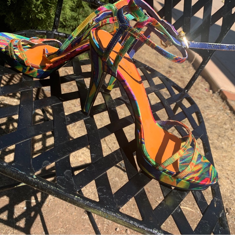Nine West Multicolor  tropical fabric print Strappy  spiked Heeled Sandals